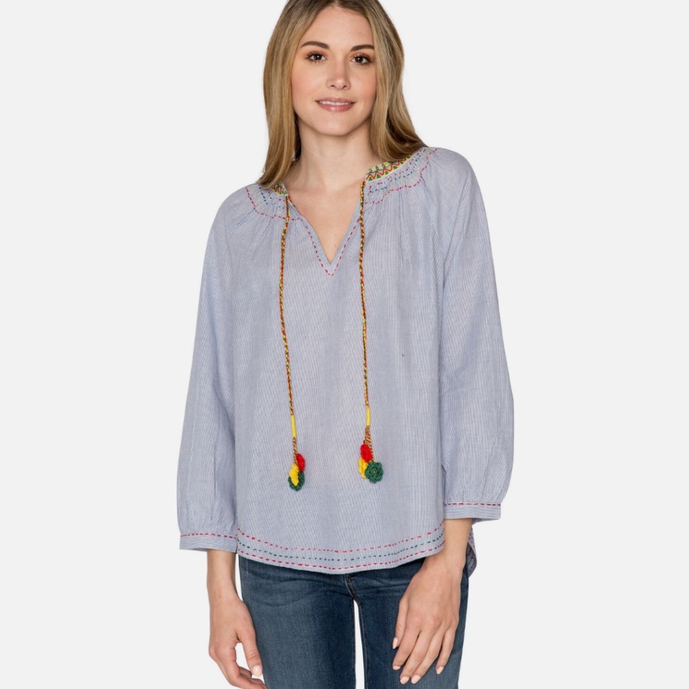 Velvet byGraham and Spencer Striped Cotton Embroidered Peasant Boho Blouse SZ S
